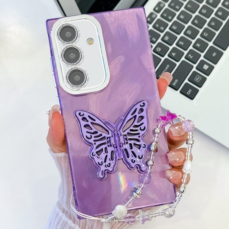 For Samsung Galaxy S25 5G Plating Glitter Lens Film Texture Butterfly Holder Wristband Phone Case(Purple Feather Yarn) - Galaxy S25 5G Cases by buy2fix | Online Shopping UK | buy2fix