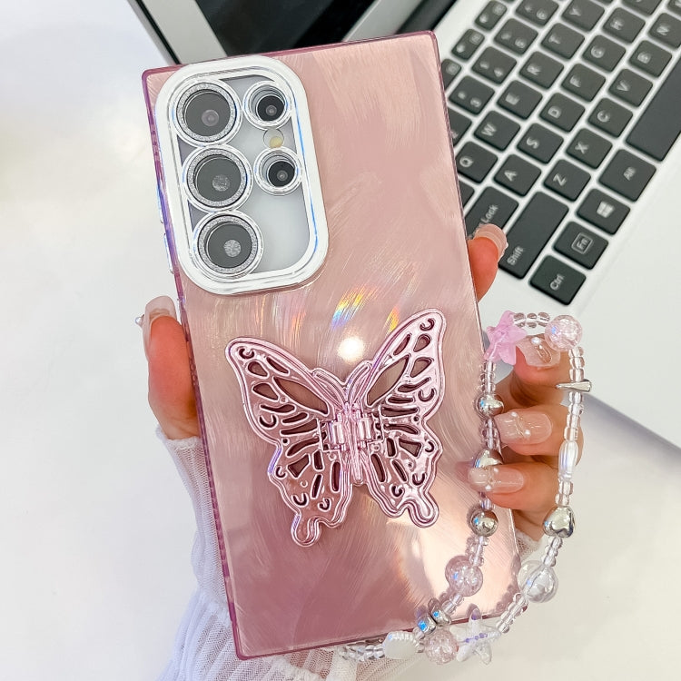 For Samsung Galaxy S25 Ultra 5G Plating Glitter Lens Film Texture Butterfly Holder Wristband Phone Case(Pink Feather Yarn) - Galaxy S25 Ultra 5G Cases by buy2fix | Online Shopping UK | buy2fix