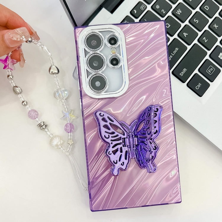 For Samsung Galaxy S25 Ultra 5G Plating Glitter Lens Film Texture Butterfly Holder Wristband Phone Case(Purple Tinfoil Texture) - Galaxy S25 Ultra 5G Cases by buy2fix | Online Shopping UK | buy2fix