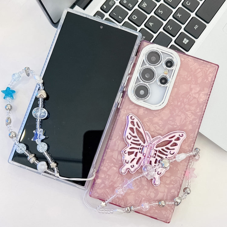 For Samsung Galaxy S25 5G Plating Glitter Lens Film Texture Butterfly Holder Wristband Phone Case(White Water Ripples) - Galaxy S25 5G Cases by buy2fix | Online Shopping UK | buy2fix