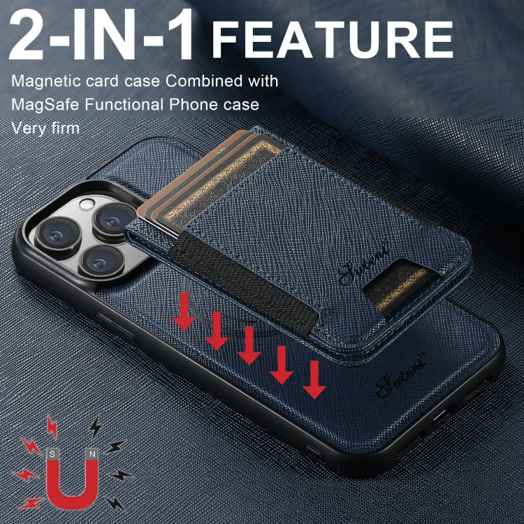 For iPhone 13 Pro Max Suteni H17 Cross Grain Leather MagSafe Detachable Wallet Phone Case(Blue) - iPhone 13 Pro Max Cases by Suteni | Online Shopping UK | buy2fix