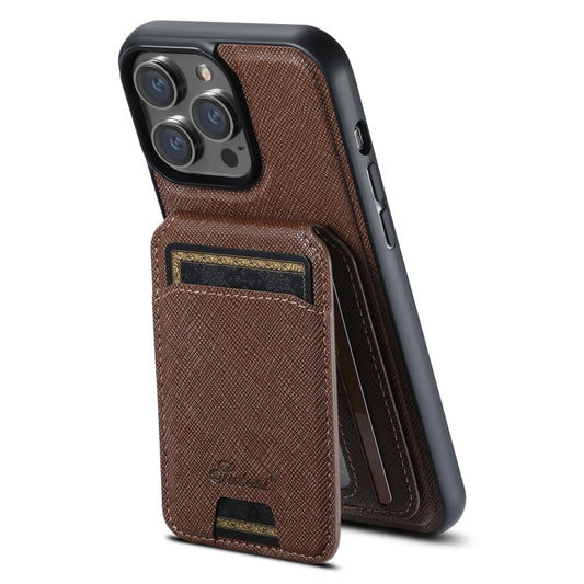 For iPhone 15 Pro Suteni H18 Cross Grain MagSafe Wallet Leather Phone Case(Brown) - iPhone 15 Pro Cases by Suteni | Online Shopping UK | buy2fix