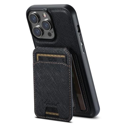 For iPhone 12 Pro Suteni H18 Cross Grain MagSafe Wallet Leather Phone Case(Black) - iPhone 12 / 12 Pro Cases by Suteni | Online Shopping UK | buy2fix