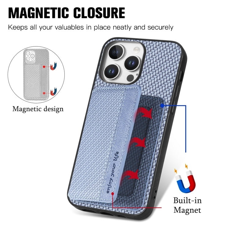 For iPhone 16 Pro Carbon Fiber Magnetic Card Wallet RFID Blocking Phone Case(Blue) - iPhone 16 Pro Cases by buy2fix | Online Shopping UK | buy2fix