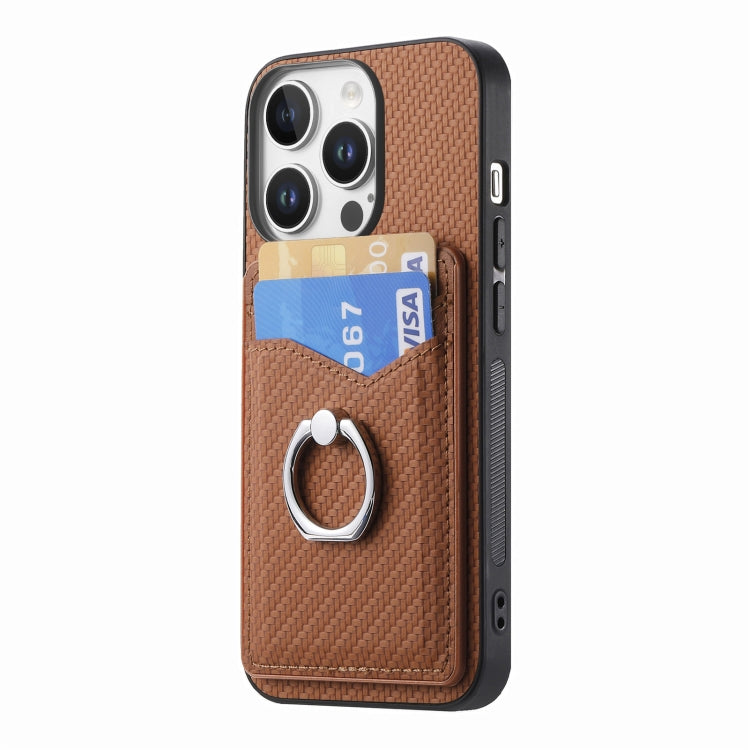 For iPhone 16 Pro Max Carbon Fiber Card Wallet Ring Phone Case(Brown) - iPhone 16 Pro Max Cases by buy2fix | Online Shopping UK | buy2fix