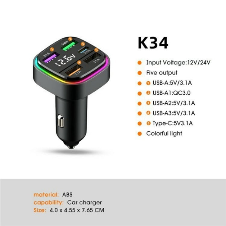 K34 With LED Display 5 Port USB Car Charger Cigarette Lighter Adapter - Car Charger by buy2fix | Online Shopping UK | buy2fix