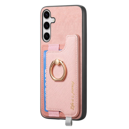 For Samsung Galaxy S25 Ultra 5G Retro Cross Leather Ring Horizontal Insert Card Bag MagSafe Phone Case(Pink) - Galaxy S25 Ultra 5G Cases by buy2fix | Online Shopping UK | buy2fix