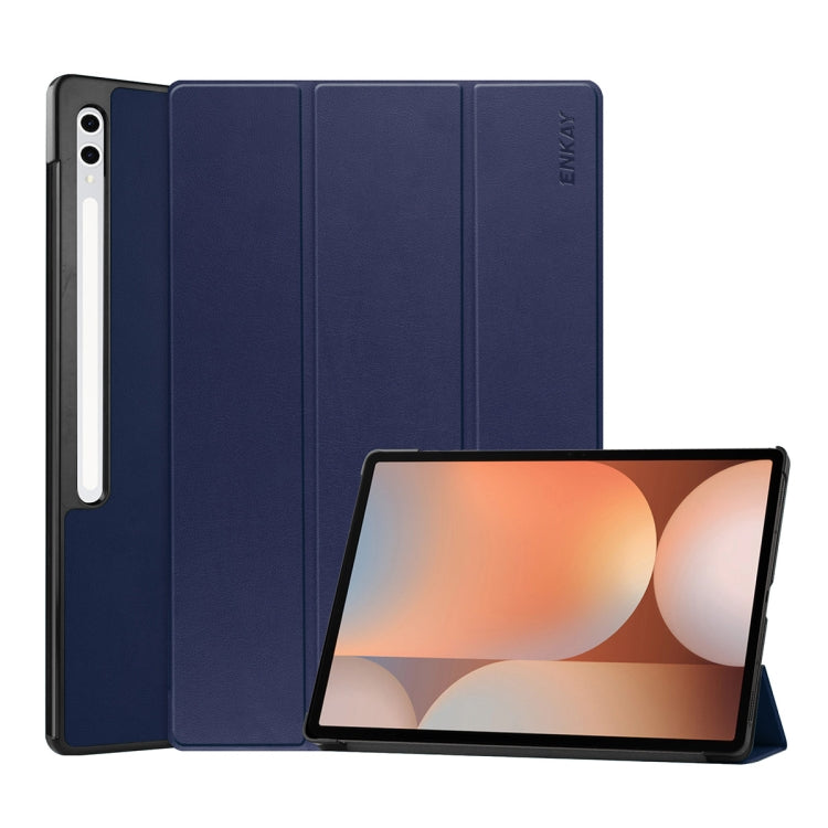 For Samsung Galaxy Tab S10+ / S9+ / S9 FE+ ENKAY Tri-fold Custer Texture Plastic Leather Smart Tablet Case with Pen Slot(Dark Blue) - Galaxy Tab S9+ Cases by ENKAY | Online Shopping UK | buy2fix