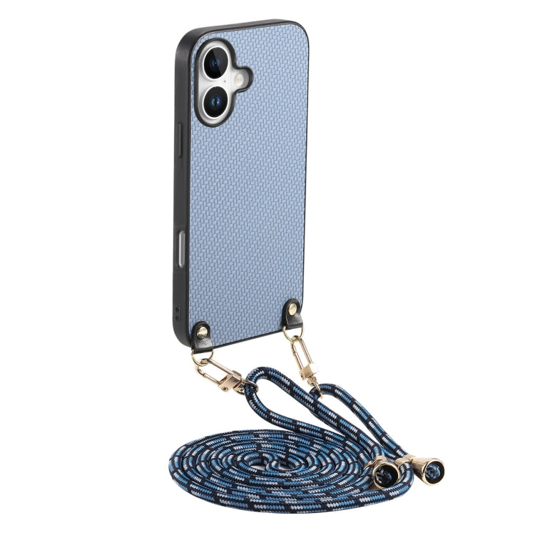 For iPhone 16 Carbon Fiber Texture Leather Back Phone Case with Crossbody Strap(Blue) - iPhone 16 Cases by buy2fix | Online Shopping UK | buy2fix