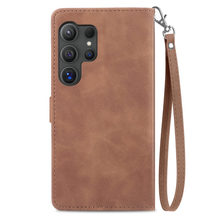 For Samsung Galaxy S25 Ultra 5G Embossed Flower Zipper Leather Phone Case(Brown) - Galaxy S25 Ultra 5G Cases by buy2fix | Online Shopping UK | buy2fix