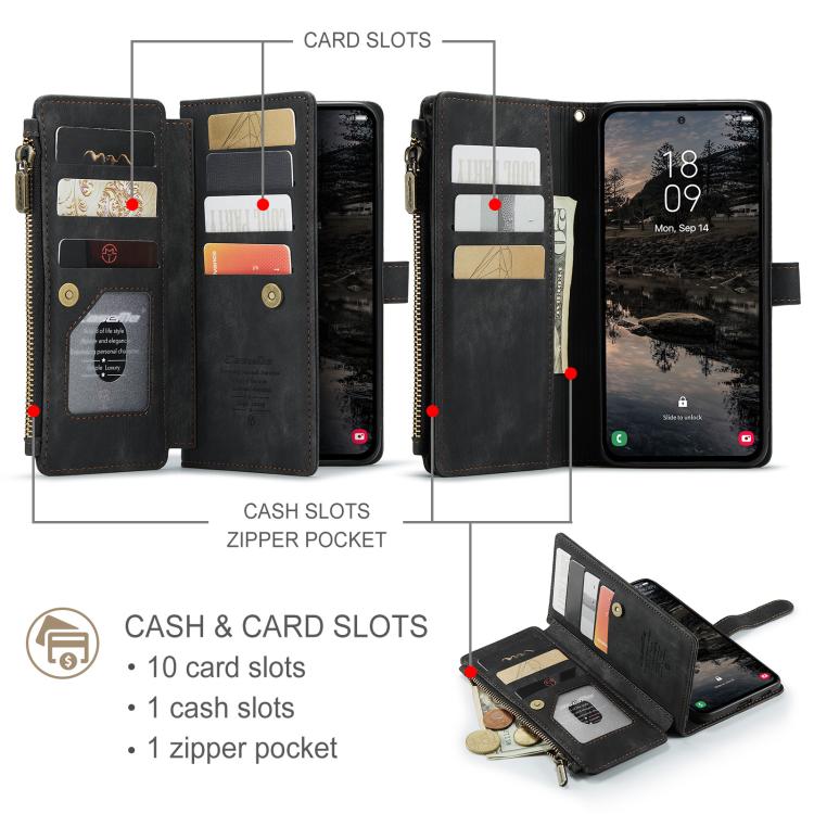 For Samsung Galaxy S25+ 5G CaseMe C30 Card Slots Zipper Wallet Leather Phone Case(Black) - Galaxy S25+ 5G Cases by CaseMe | Online Shopping UK | buy2fix