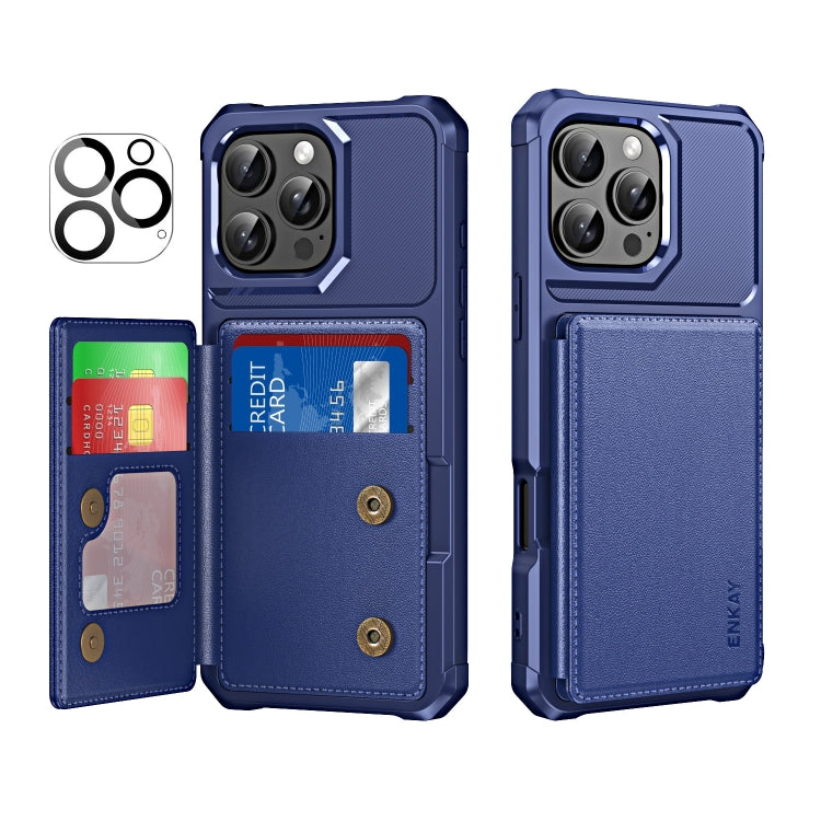 For iPhone 16 Pro Max ENKAY Hat-Prince Card Slot Wallet TPU Back Leather Phone Case with Lens Film(Dark Blue) - iPhone 16 Pro Max Cases by ENKAY | Online Shopping UK | buy2fix