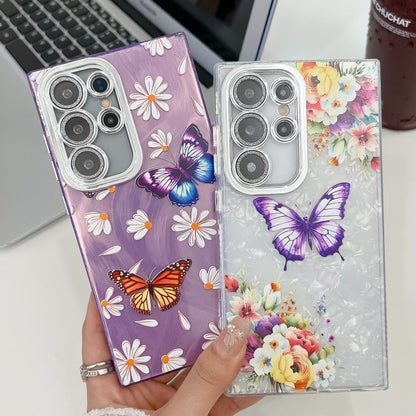 For Samsung Galaxy S25 5G Plating Texture Butterfly TPU Phone Case with Glitter Lens Film(Flowers Butterflies HU1) - Galaxy S25 5G Cases by buy2fix | Online Shopping UK | buy2fix