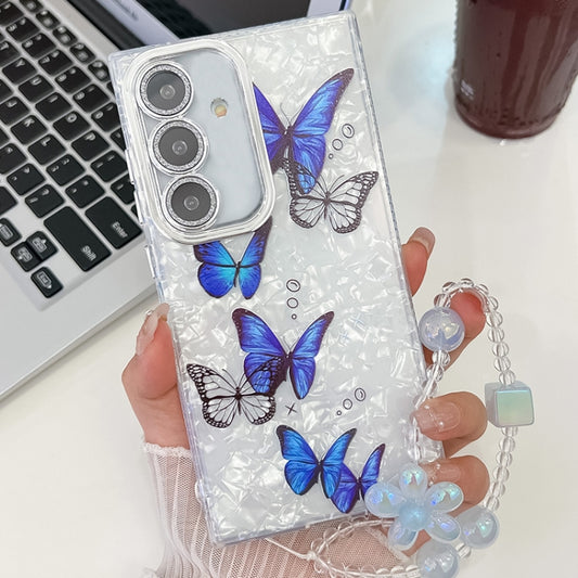 For Samsung Galaxy S25 5G Plating Texture Butterfly Wristband TPU Phone Case with Glitter Lens Film(Blue Butterflies HU3) - Galaxy S25 5G Cases by buy2fix | Online Shopping UK | buy2fix