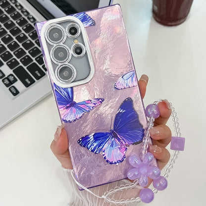 For Samsung Galaxy S25 Ultra 5G Plating Texture Butterfly Wristband TPU Phone Case with Glitter Lens Film(Purple Butterflies HU4) - Galaxy S25 Ultra 5G Cases by buy2fix | Online Shopping UK | buy2fix