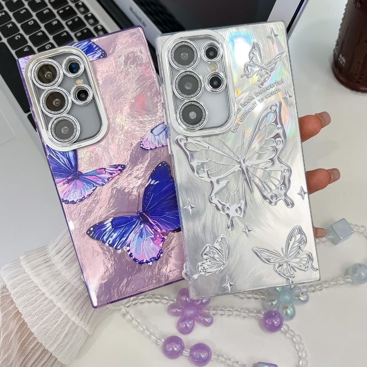 For Samsung Galaxy S25 Ultra 5G Plating Texture Butterfly Wristband TPU Phone Case with Glitter Lens Film(Purple Butterflies HU4) - Galaxy S25 Ultra 5G Cases by buy2fix | Online Shopping UK | buy2fix