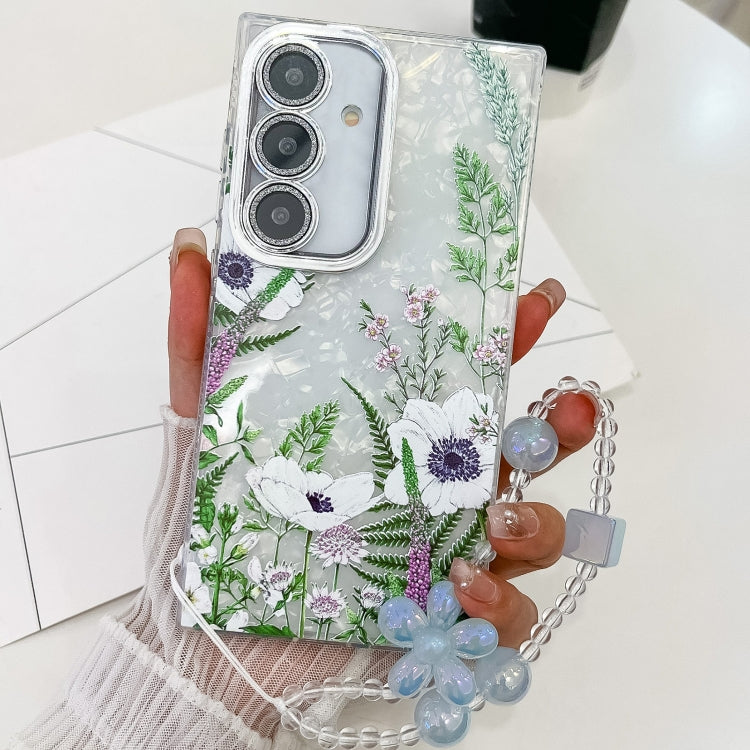 For Samsung Galaxy S25 5G Electroplating Flowers Plants Texture Wristband TPU Phone Case(Green Plants FL5) - Galaxy S25 5G Cases by buy2fix | Online Shopping UK | buy2fix