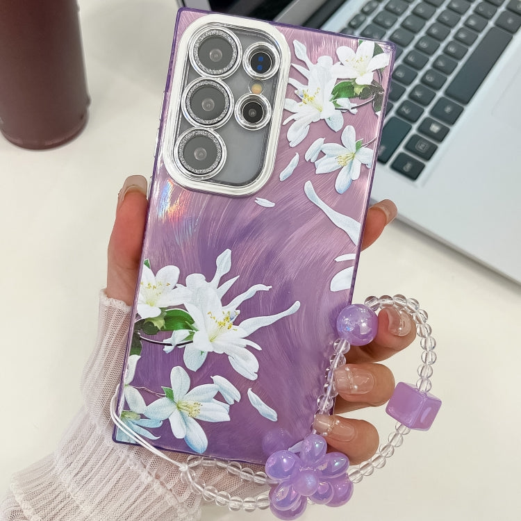 For Samsung Galaxy S25 Ultra 5G Electroplating Flowers Plants Texture Wristband TPU Phone Case(Gardenia FL15) - Galaxy S25 Ultra 5G Cases by buy2fix | Online Shopping UK | buy2fix