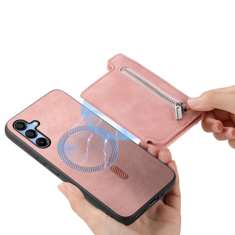 For Samsung Galaxy S25 5G Retro MagSafe Zipper Wallet Card Bag Back Phone Case(Pink) - Galaxy S25 5G Cases by buy2fix | Online Shopping UK | buy2fix