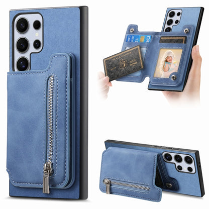 For Samsung Galaxy S25 Ultra 5G Retro MagSafe Zipper Wallet Card Bag Back Phone Case(Blue) - Galaxy S25 Ultra 5G Cases by buy2fix | Online Shopping UK | buy2fix