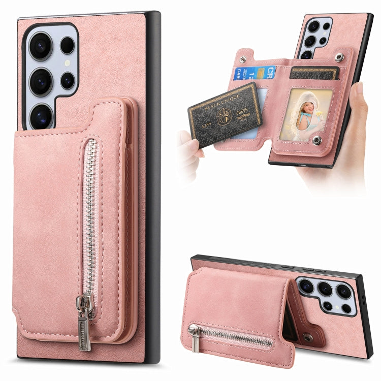 For Samsung Galaxy S25 Ultra 5G Retro MagSafe Zipper Wallet Card Bag Back Phone Case(Pink) - Galaxy S25 Ultra 5G Cases by buy2fix | Online Shopping UK | buy2fix