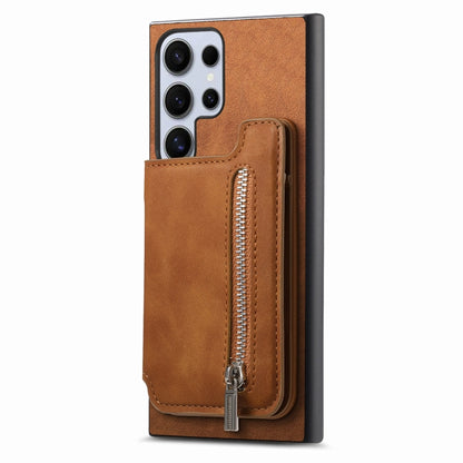 For Samsung Galaxy S25 Ultra 5G Retro MagSafe Zipper Wallet Card Bag Back Phone Case(Brown) - Galaxy S25 Ultra 5G Cases by buy2fix | Online Shopping UK | buy2fix