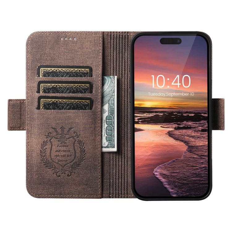 For iPhone 16 Plus Suteni J07 Multi-functional Horizontal MagSafe Denim Leather Phone Case(Brown) - iPhone 16 Plus Cases by Suteni | Online Shopping UK | buy2fix