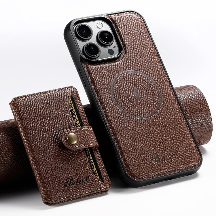 For iPhone 16 Pro Suteni H20 Cross-Grain MagSafe Horizontal Card Bag Back Phone Case(Brown) - iPhone 16 Pro Cases by Suteni | Online Shopping UK | buy2fix