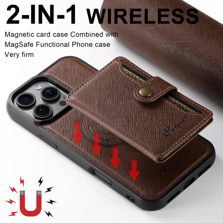 For iPhone 16 Pro Suteni H20 Cross-Grain MagSafe Horizontal Card Bag Back Phone Case(Brown) - iPhone 16 Pro Cases by Suteni | Online Shopping UK | buy2fix