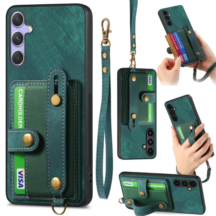 For Samsung Galaxy S25+ 5G Retro Cross Wristband Wallet Leather Back Phone Case(Green) - Galaxy S25+ 5G Cases by buy2fix | Online Shopping UK | buy2fix