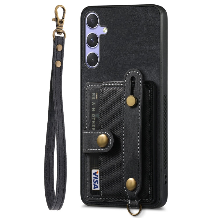 For Samsung Galaxy S25+ 5G Retro Cross Wristband Wallet Leather Back Phone Case(Black) - Galaxy S25+ 5G Cases by buy2fix | Online Shopping UK | buy2fix