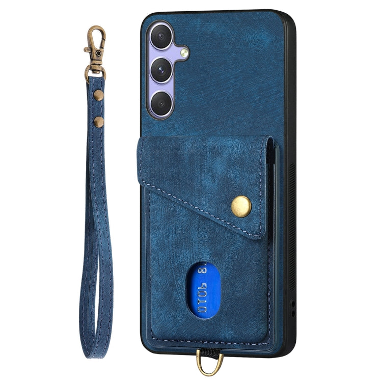 For Samsung Galaxy S25+ 5G Retro Card Wallet Fold Leather Phone Case with Strap(Blue) - Galaxy S25+ 5G Cases by buy2fix | Online Shopping UK | buy2fix