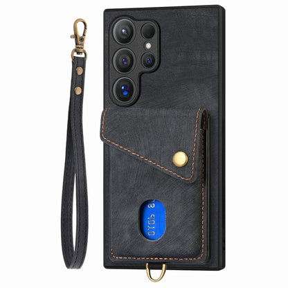 For Samsung Galaxy S25 Ultra 5G Retro Card Wallet Fold Leather Phone Case with Strap(Black) - Galaxy S25 Ultra 5G Cases by buy2fix | Online Shopping UK | buy2fix