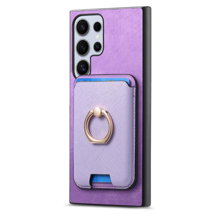 For Samsung Galaxy S25 Ultra 5G Retro Cross Leather Ring Vertical Insert Card Bag MagSafe Phone Case(Purple) - Galaxy S25 Ultra 5G Cases by buy2fix | Online Shopping UK | buy2fix