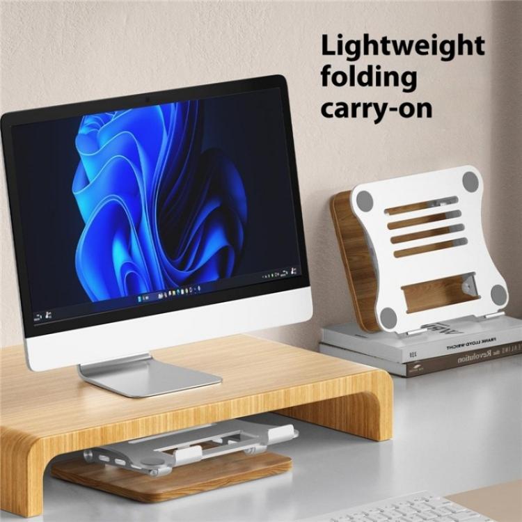 J32 Foldable Wood Base Desktop Metal Phone Holder Adjustable Laptop Stand(Silver) - Laptop Stand by buy2fix | Online Shopping UK | buy2fix