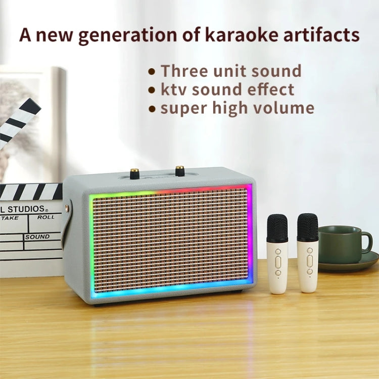 Leather Colorful Light Effect Karaoke Audio Retro Outdoor Bluetooth Speaker, Style: Dual-microphone(Gray) - Desktop Speaker by buy2fix | Online Shopping UK | buy2fix