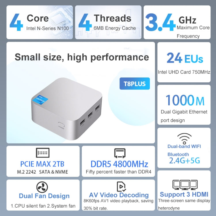 T8Plus Alder Lake-N100 4K Dual Band WIFI Bluetooth Office Game Portable Mini PC, Spec: 16G 1TB US Plug - Windows Mini PCs by buy2fix | Online Shopping UK | buy2fix