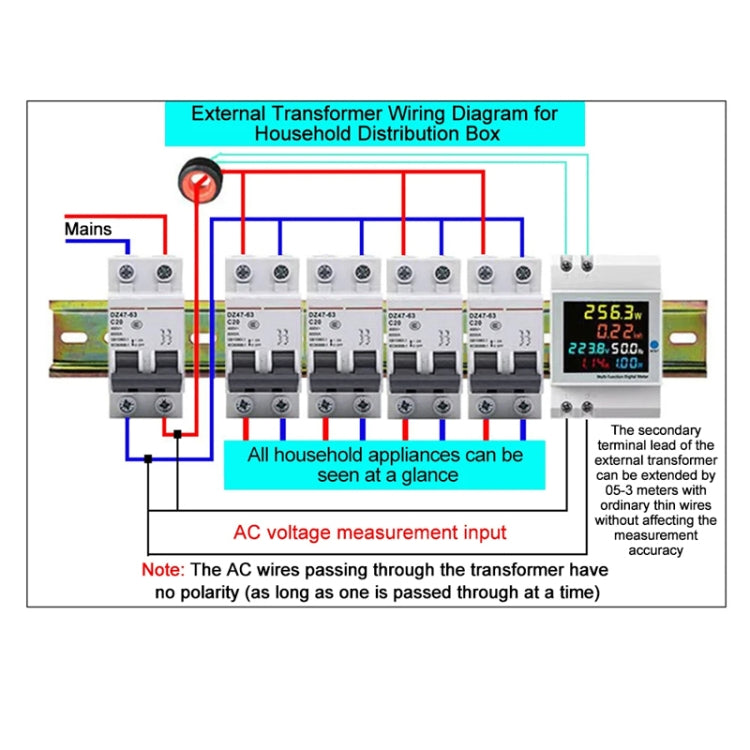 SINOTIMER SDM009 Din Rail Single-Phase Voltage Current Frequency Power Factor Electricity Multifunctional Meter, Model: AC40-300V External - Current & Voltage Tester by SINOTIMER | Online Shopping UK | buy2fix