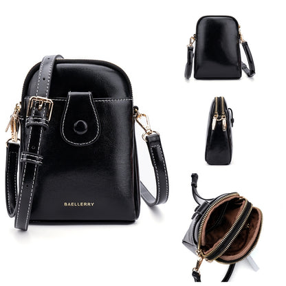 Baellerry N8925 Oil Wax Leather Double Zipper Mobile Phone Bag Shoulder Crossbody Coin Purse(Black) - Single-shoulder Bags by Baellerry | Online Shopping UK | buy2fix