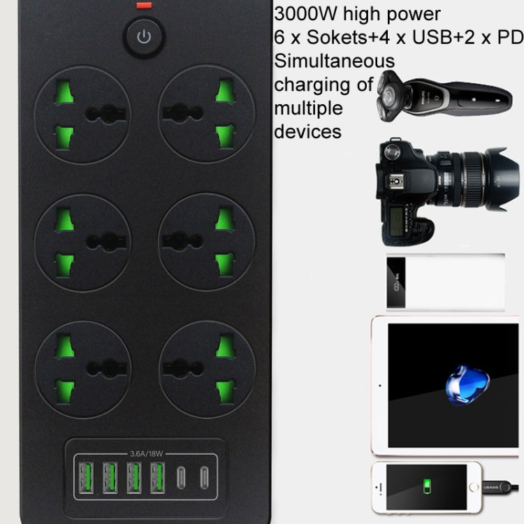 Thunderproof Overload Protection 4USB+2PD+6 Holes Socket, Color: Black US Plug - Extension Socket by buy2fix | Online Shopping UK | buy2fix