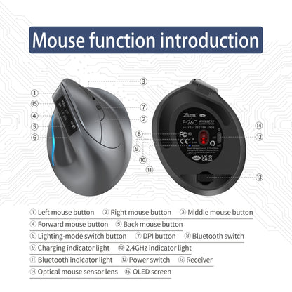 ZELOTES F-26C 8-Keys 2.4G+Bluetooth Dual-Mode LED Display Vertical Grip Wireless Mouse(Gray) - Wireless Mice by ZELOTES | Online Shopping UK | buy2fix