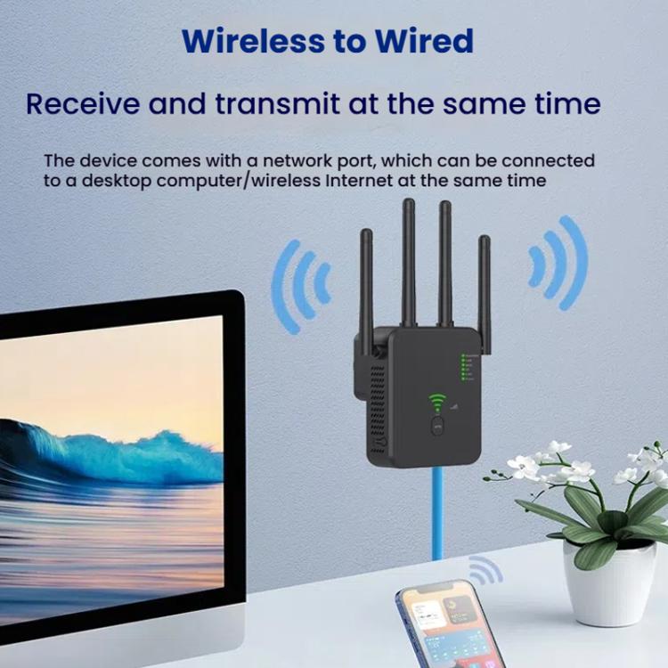 Urant U10 1200Mbps 2.4G & 5.8G Wireless Repeater WiFi Signal Amplifier With 4 Antenna UK Plug Black - Broadband Amplifiers by Urant | Online Shopping UK | buy2fix