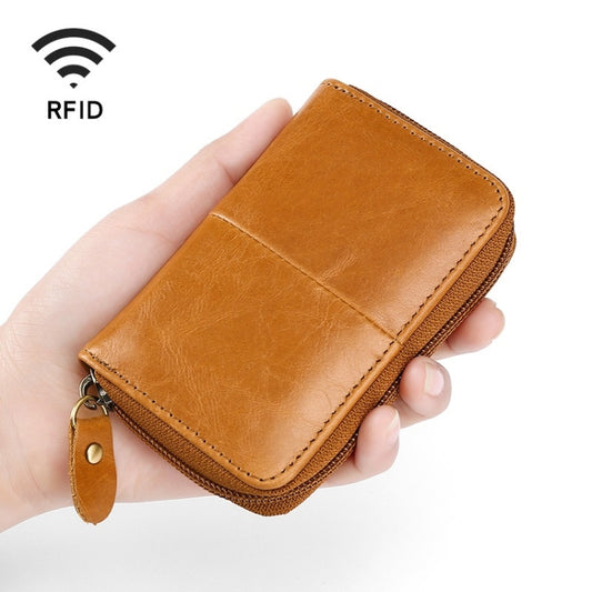 TP-8290 RFID Oil Wax Leather Zipper Change Purse Organ Card Holder(Brown) - Antimagnetic RFID Package by buy2fix | Online Shopping UK | buy2fix