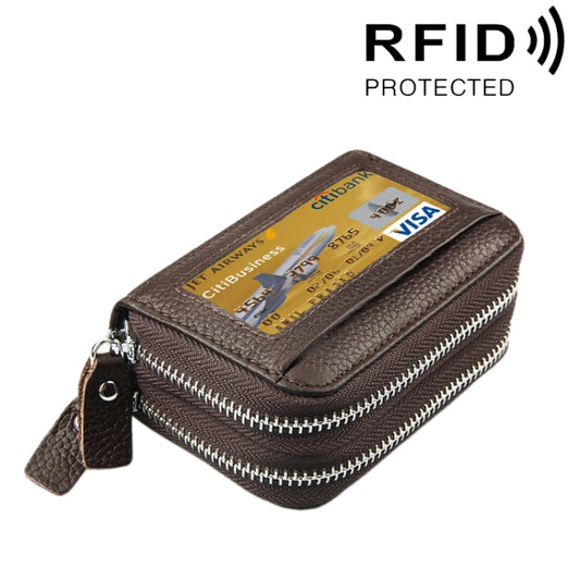 Genuine Cowhide Leather Dual Layer Solid Color Zipper Card Holder Wallet RFID Blocking Coin Purse Card Bag Protective Case with 11 Card Slots & Coin Position, Size: 11*7.5*4.5cm(Coffee) - Home & Garden by buy2fix | Online Shopping UK | buy2fix