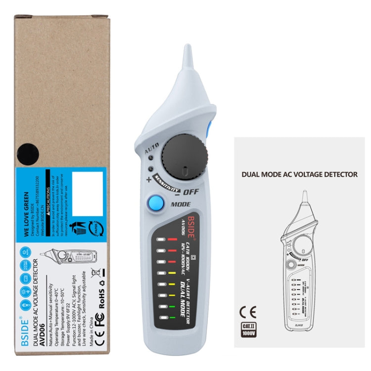 BSIDE AVD06 Non-contact AC Voltage Detectors 12~1000V Induction Electroprobe Pen Type ACV Electric Testers Household Tool with LED Light(White) - Voltage Detector by buy2fix | Online Shopping UK | buy2fix