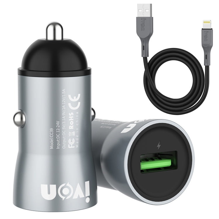 IVON CC39 18W 3.1A QC 3.0 USB Car Charger + 1m USB to 8 Pin Fast Charge Data Cable Set - Car Charger by IVON | Online Shopping UK | buy2fix