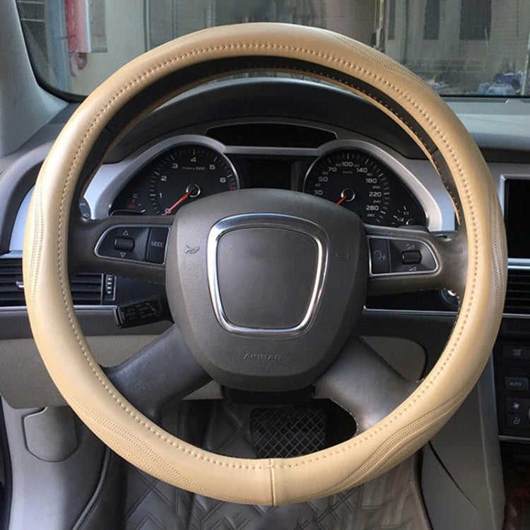 Universal Car Genuine Leather Pinhole Steering Wheel Cover, Diameter: 38cm(Beige) -  by buy2fix | Online Shopping UK | buy2fix