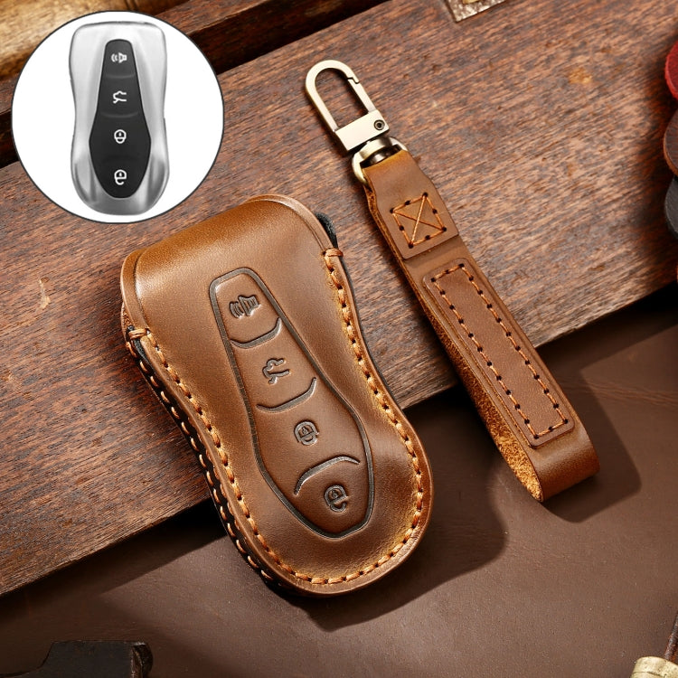 Hallmo Car Cowhide Leather Key Protective Cover Key Case for Geely Emgrand A Style(Brown) - Car Key Cases by Hallmo | Online Shopping UK | buy2fix