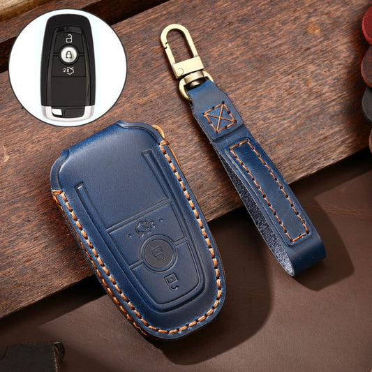 Hallmo Car Cowhide Leather Key Protective Cover Key Case for Ford Focus B Style(Blue) -  by Hallmo | Online Shopping UK | buy2fix
