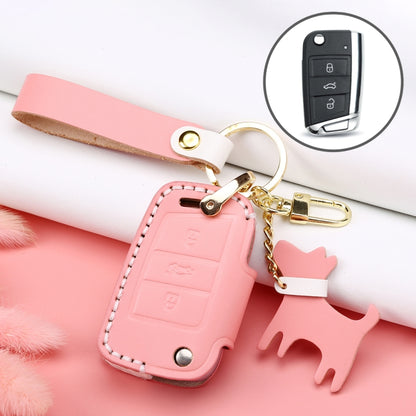 Hallmo Car Female Style Cowhide Leather Key Protective Cover for Volkswagen, B Type Folding (Pink) - In Car by buy2fix | Online Shopping UK | buy2fix